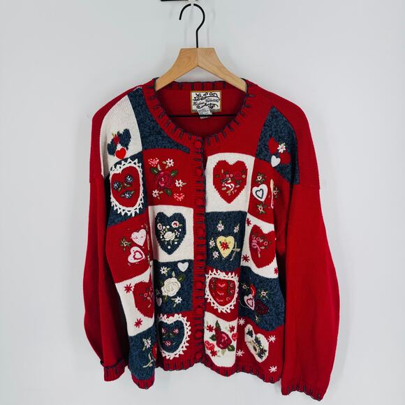 Vintage Heirloom Collections Heart Patchwork Embroidered Cardigan Sweater Size L - Picture 1 of 8
